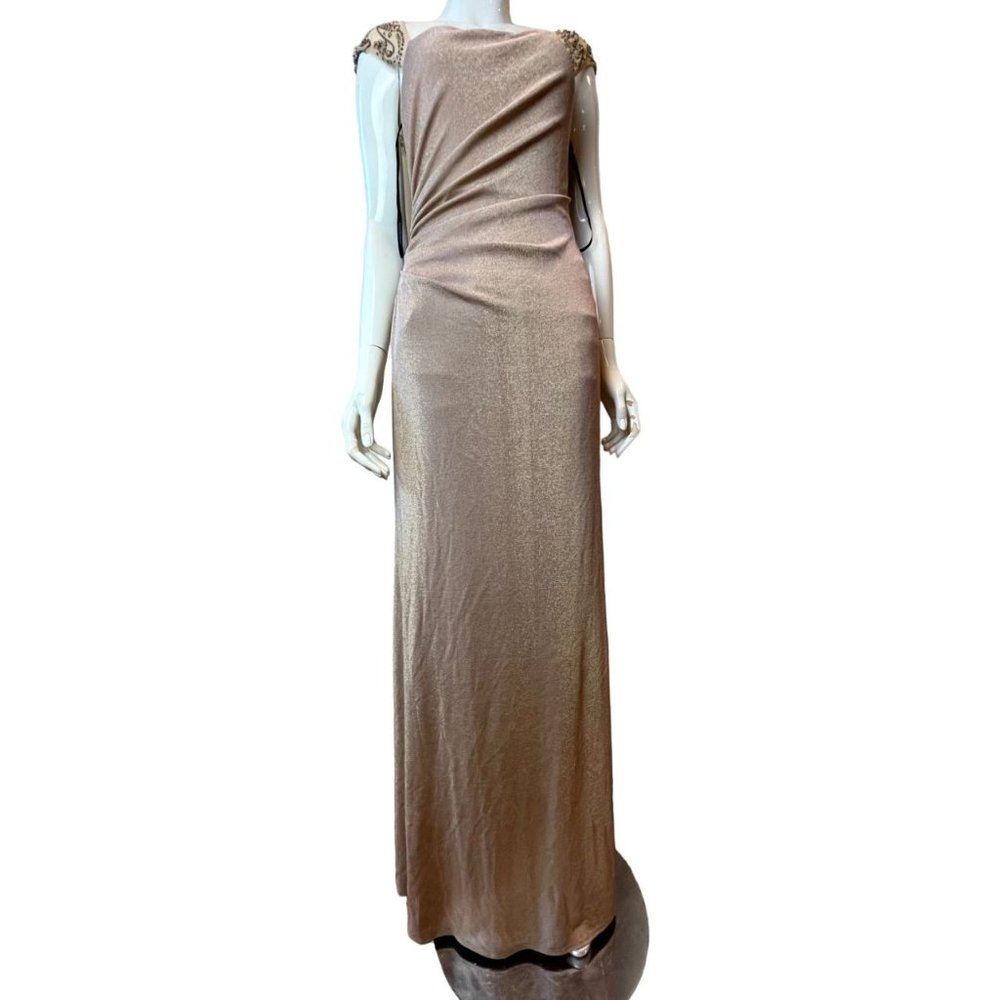 David Meister Women's Gown Evening Dress Long lined Beaded Ruched Tall Gold SZ 6